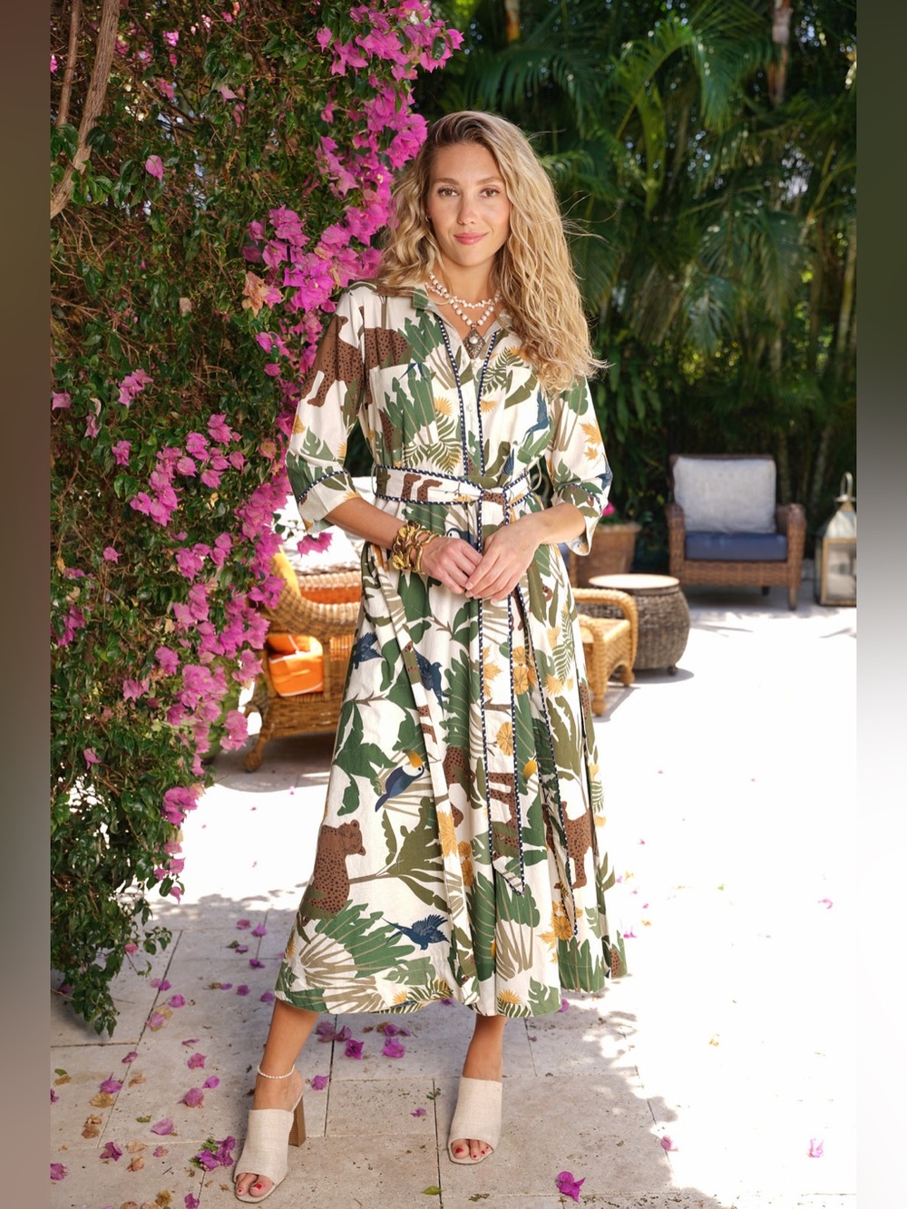 Just Daviny S Animal Leopard Bird Tropical Print Belted Midi Dress